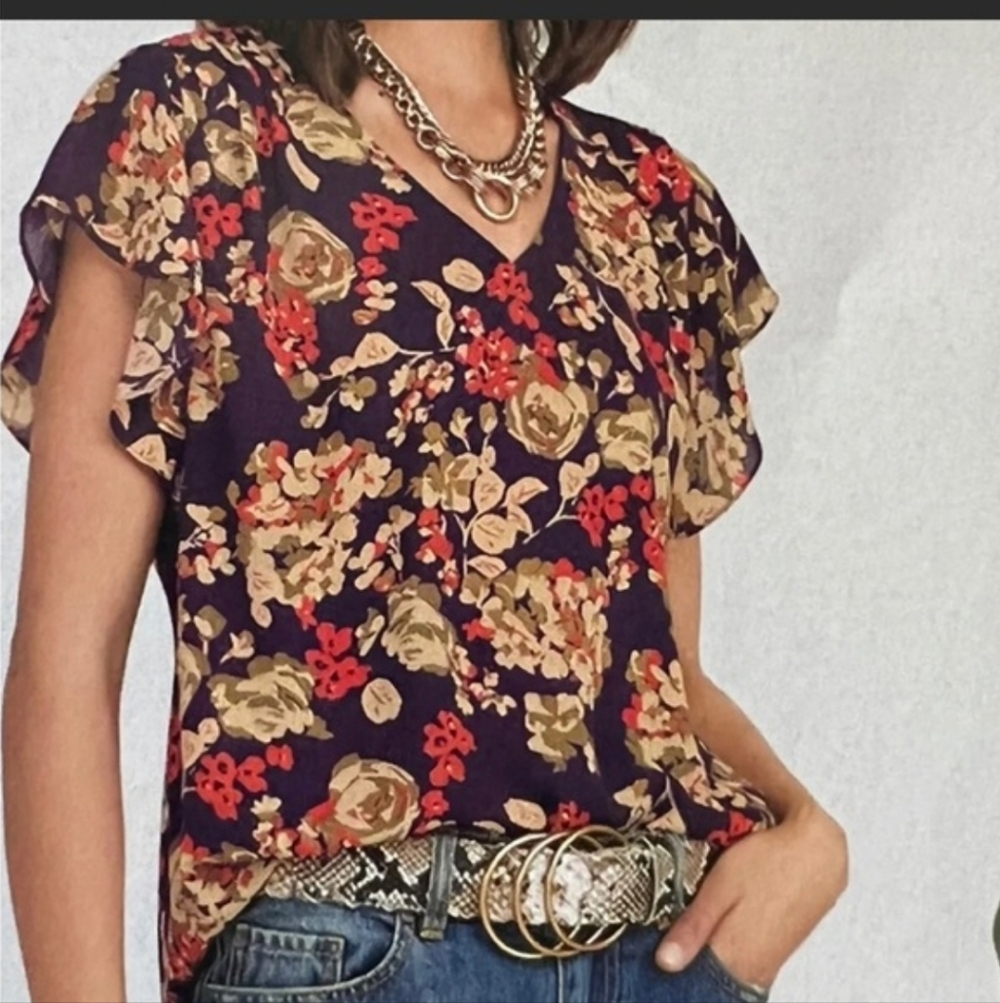 CAbi Multicolor Floral Blouse with Ruffle Sleeves